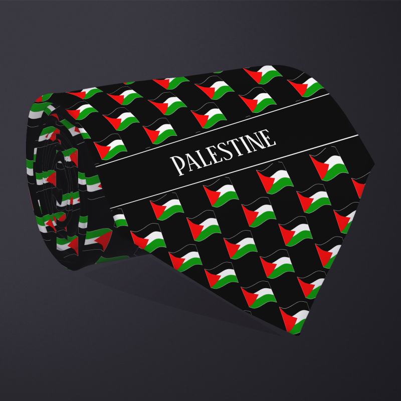 Rolled necktie, with WAVY flag checkerboard design, personalized with text: Palestine