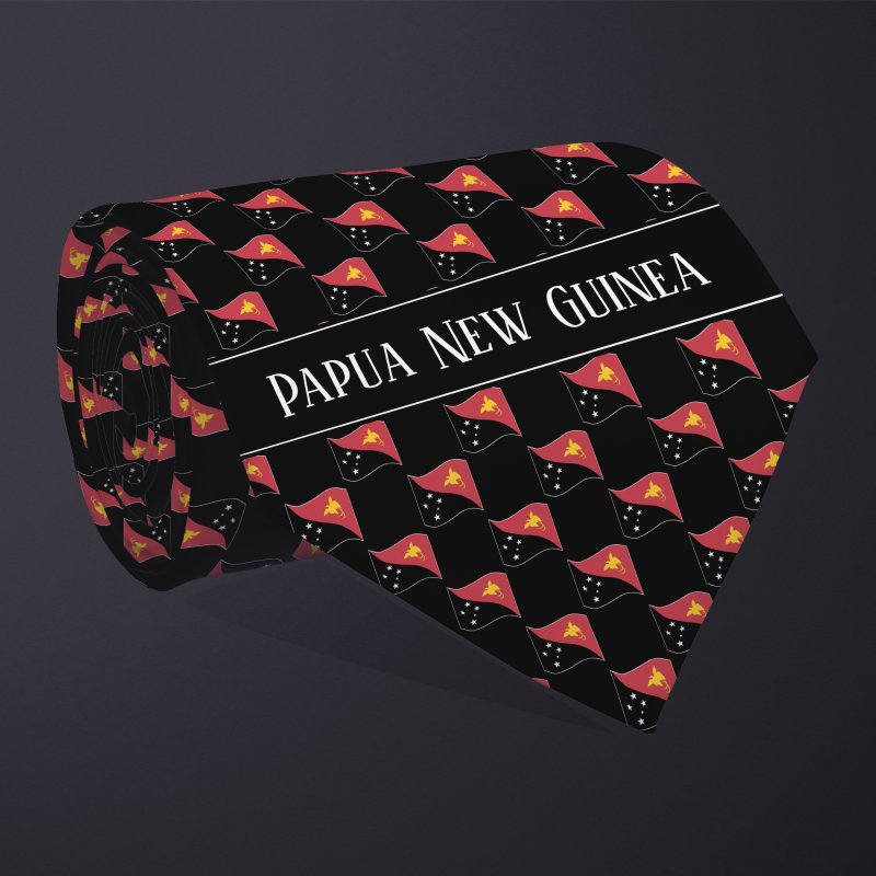 Rolled necktie, with WAVY flag checkerboard design, personalized with text: Papua New Guinea