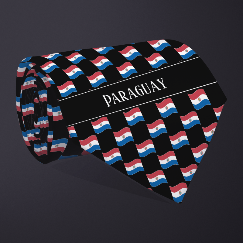 Rolled necktie, with WAVY flag checkerboard design, personalized with text: Paraguay