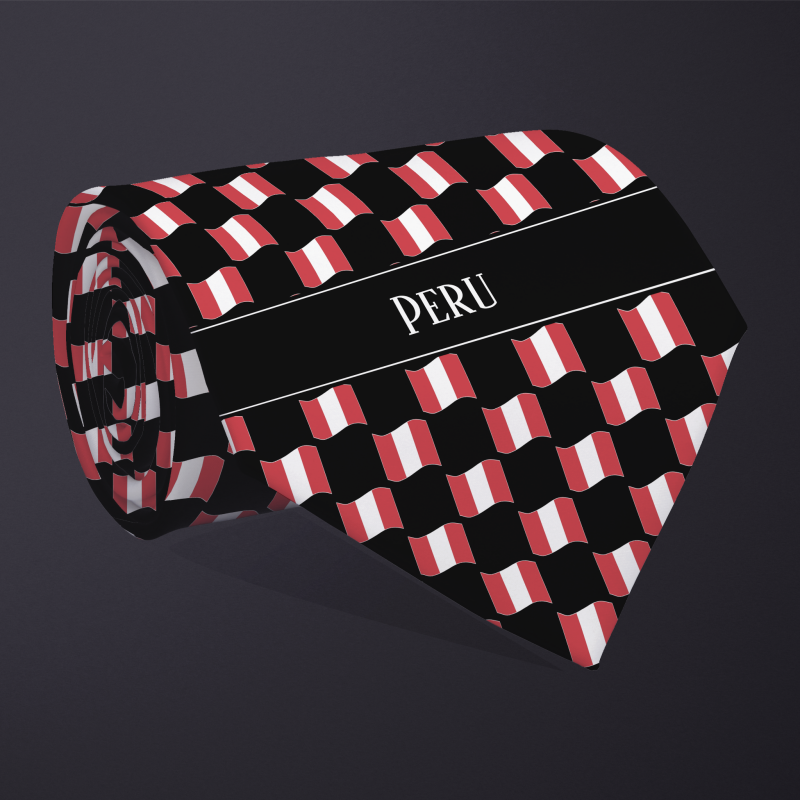 Rolled necktie, with WAVY flag checkerboard design, personalized with text: Peru