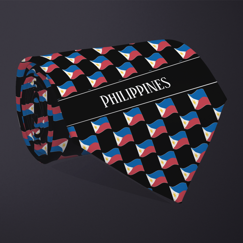 Rolled necktie, with WAVY flag checkerboard design, personalized with text: Philippines