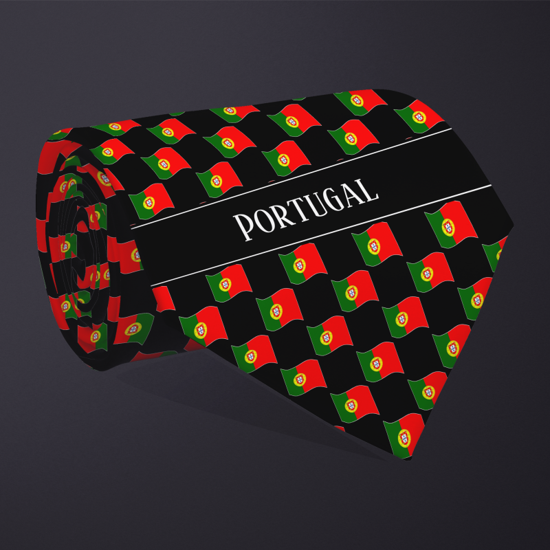 Rolled necktie, with WAVY flag checkerboard design, personalized with text: Portugal