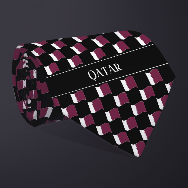 Rolled necktie, with WAVY flag checkerboard design, personalized with text: Qatar