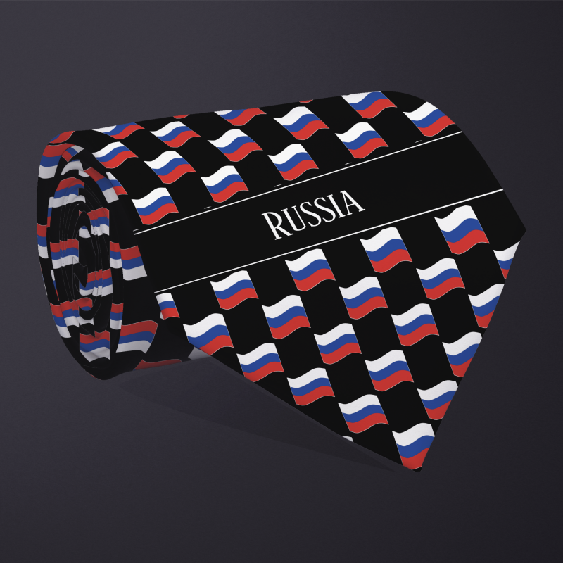Rolled necktie, with WAVY flag checkerboard design, personalized with text: Russia