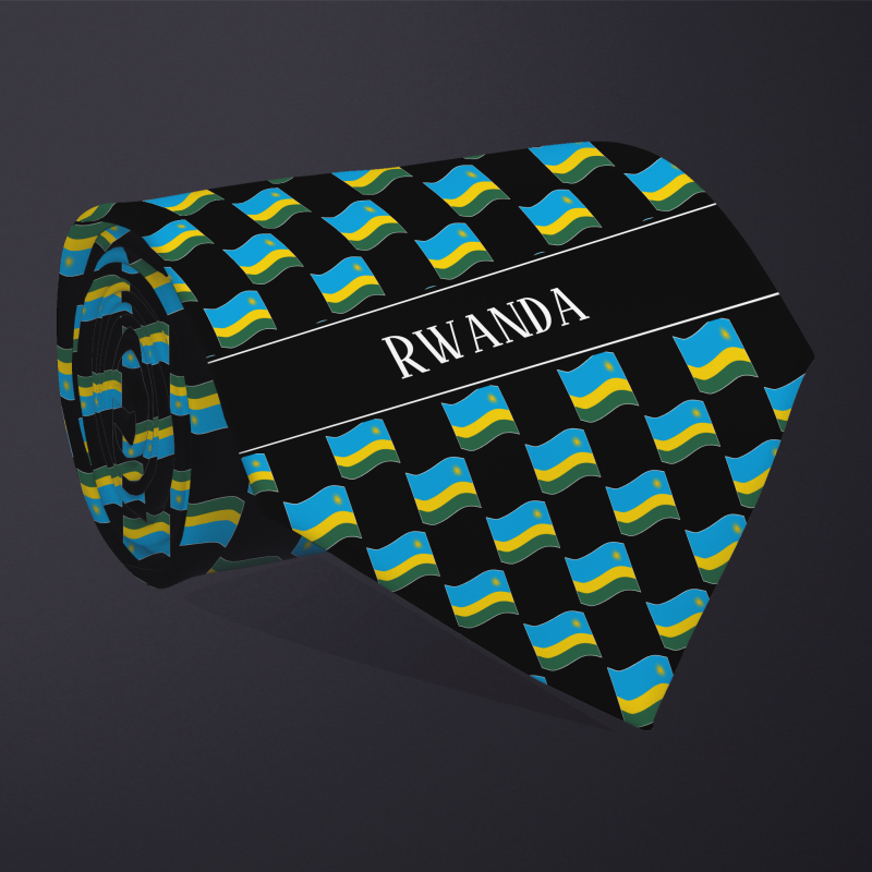 Rolled necktie, with WAVY flag checkerboard design, personalized with text: Rwanda