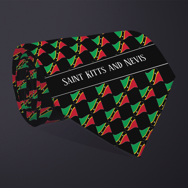 Rolled necktie, with WAVY flag checkerboard design, personalized with text: Saint Kitts and Nevis