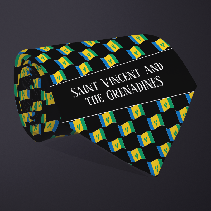 Rolled necktie, with WAVY flag checkerboard design, personalized with text: Saint Vincent and the Grenadines