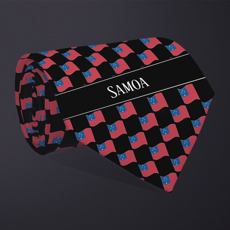 Rolled necktie, with WAVY flag checkerboard design, personalized with text: Samoa