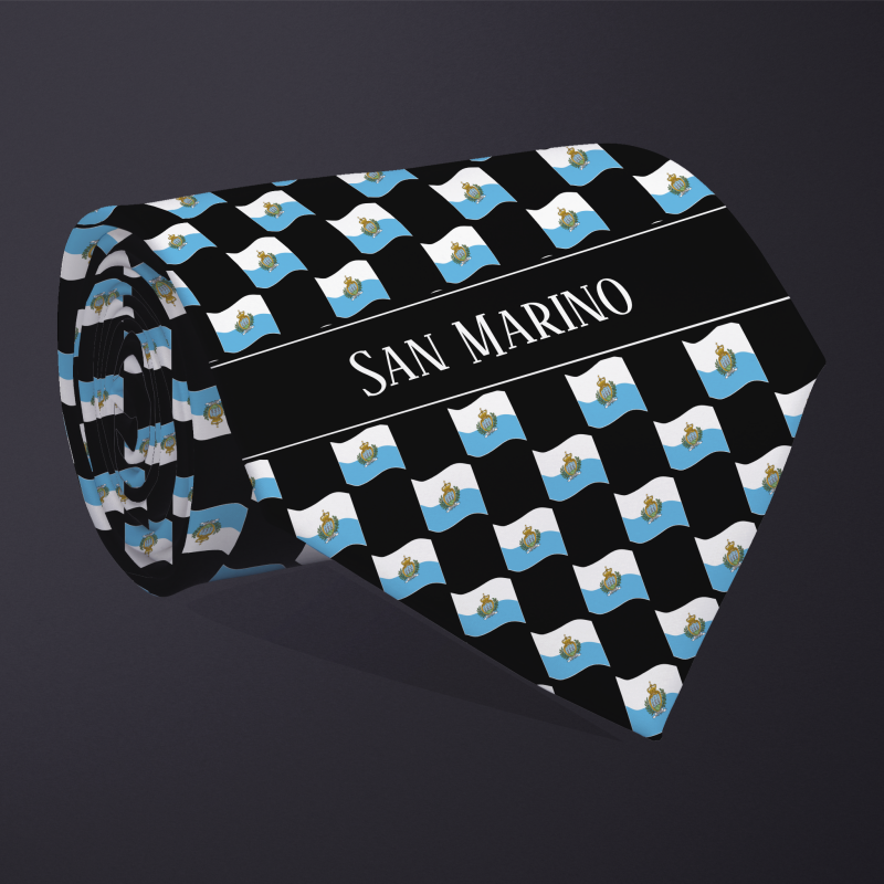 Rolled necktie, with WAVY flag checkerboard design, personalized with text: San Marino