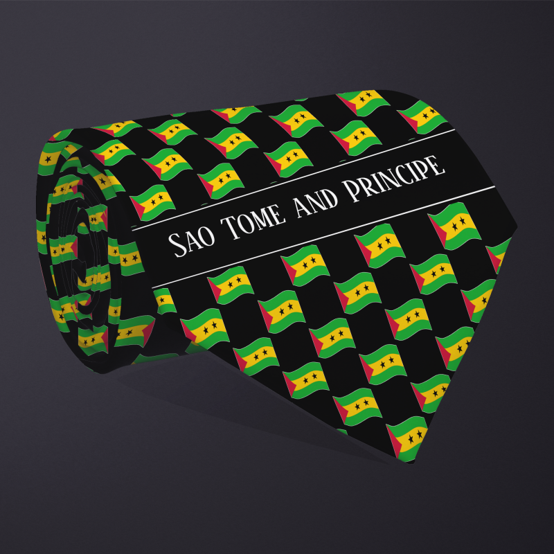 Rolled necktie, with WAVY flag checkerboard design, personalized with text: Sao Tome and Principe