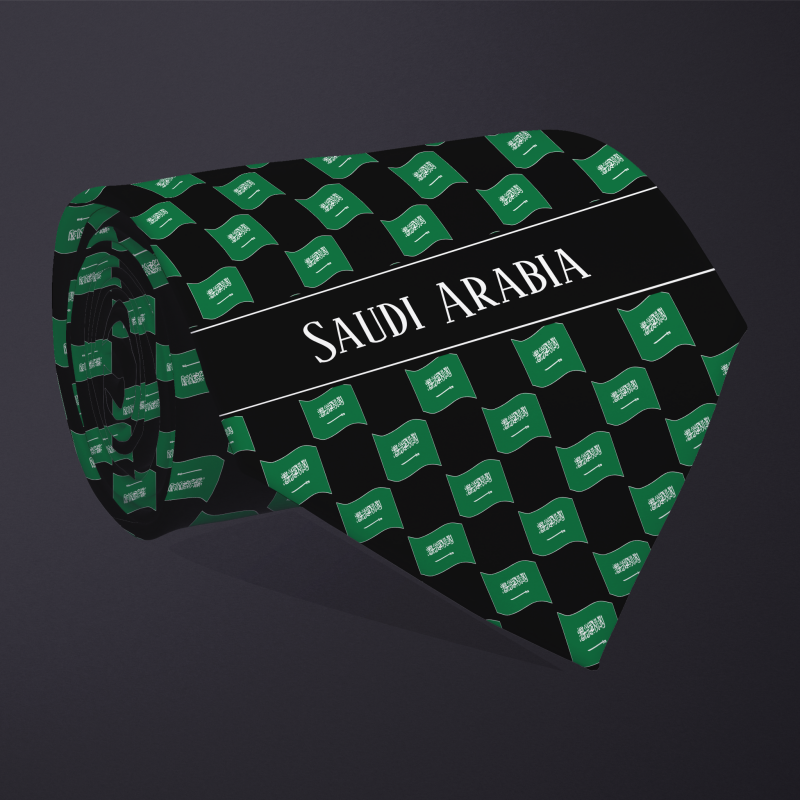 Rolled necktie, with WAVY flag checkerboard design, personalized with text: Saudi Arabia