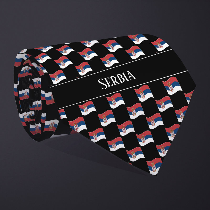 Rolled necktie, with WAVY flag checkerboard design, personalized with text: Serbia
