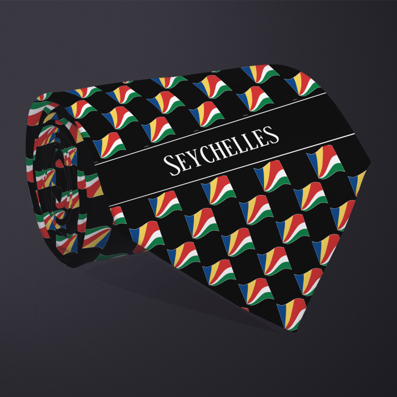 Rolled necktie, with WAVY flag checkerboard design, personalized with text: Seychelles