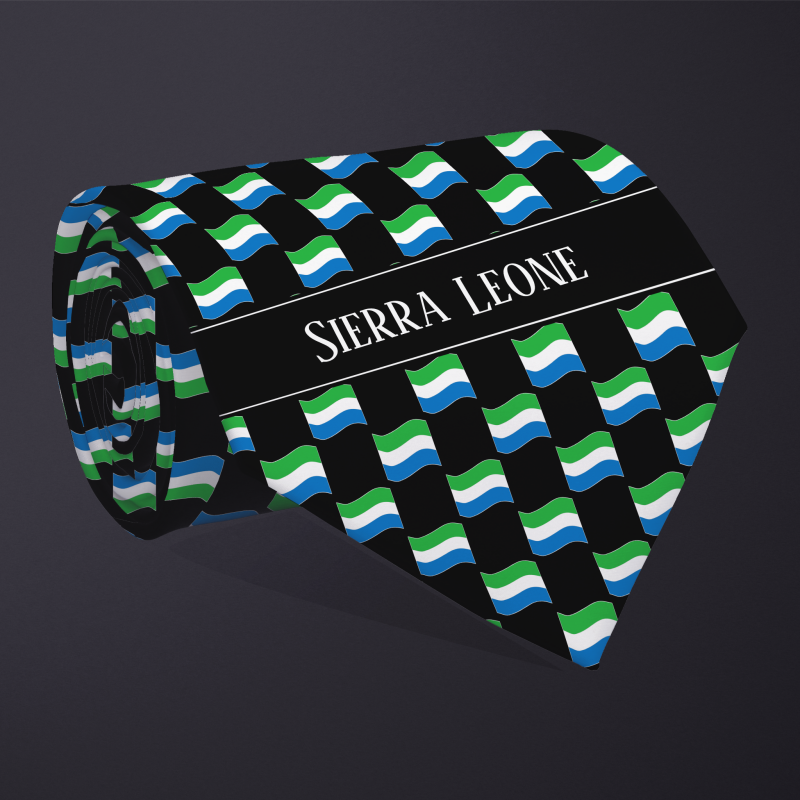 Rolled necktie, with WAVY flag checkerboard design, personalized with text: Sierra Leone