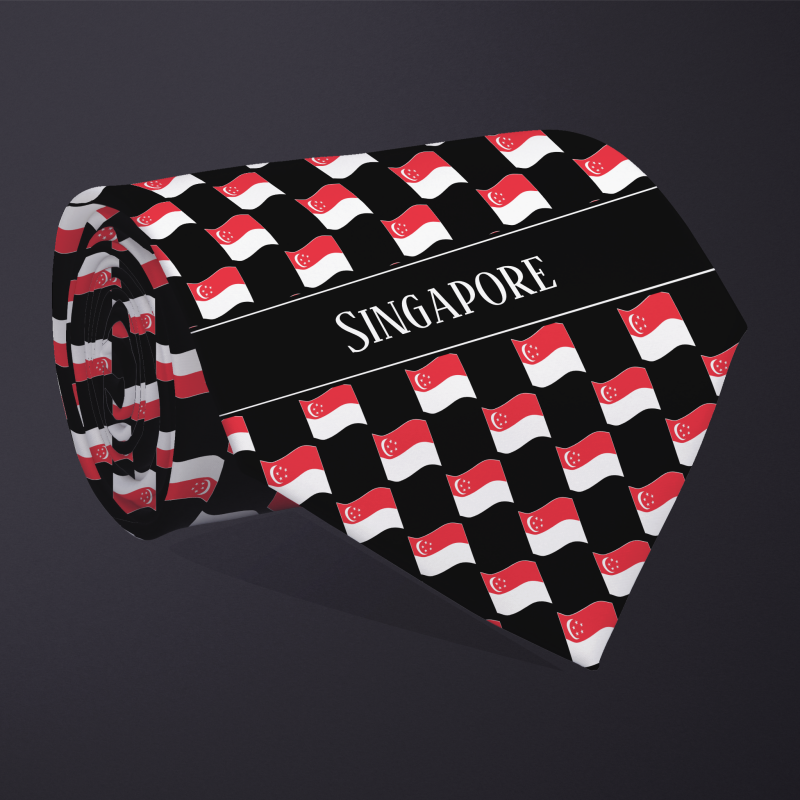 Rolled necktie, with WAVY flag checkerboard design, personalized with text: Singapore