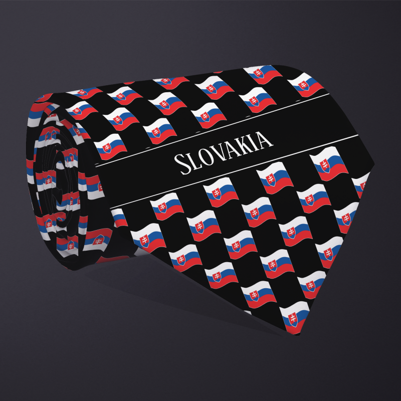 Rolled necktie, with WAVY flag checkerboard design, personalized with text: Slovakia