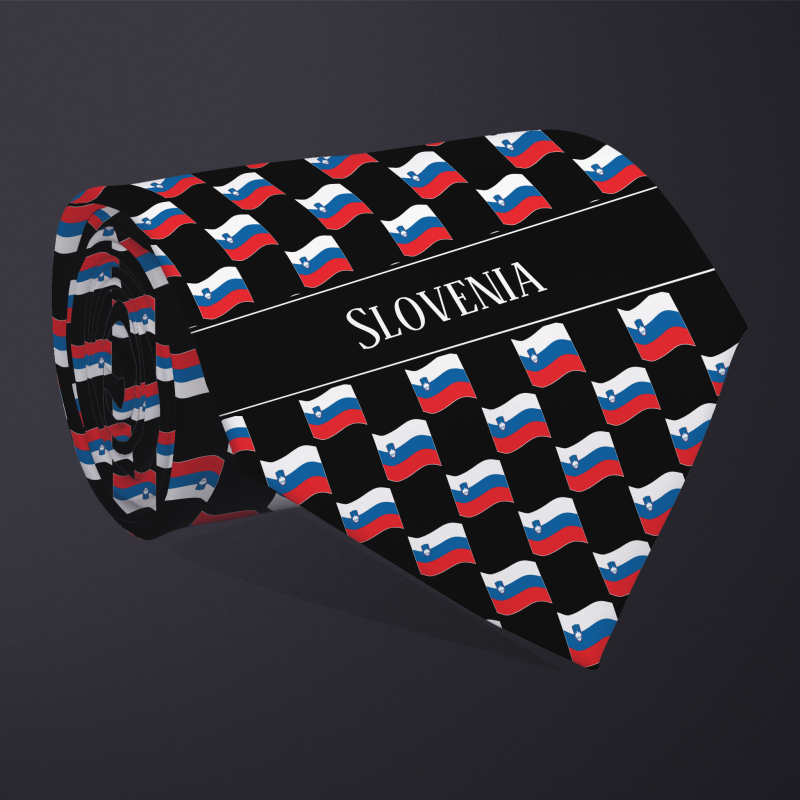 Rolled necktie, with WAVY flag checkerboard design, personalized with text: Slovenia