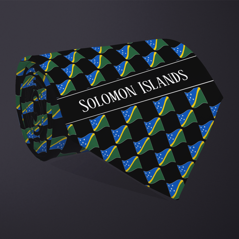 Rolled necktie, with WAVY flag checkerboard design, personalized with text: Solomon Islands