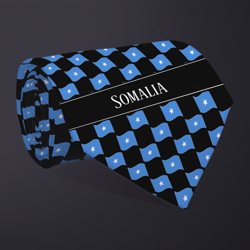 Rolled necktie, with WAVY flag checkerboard design, personalized with text: Somalia