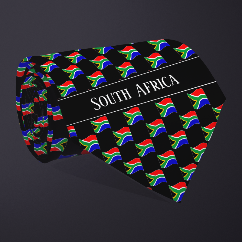 Rolled necktie, with WAVY flag checkerboard design, personalized with text: South Africa