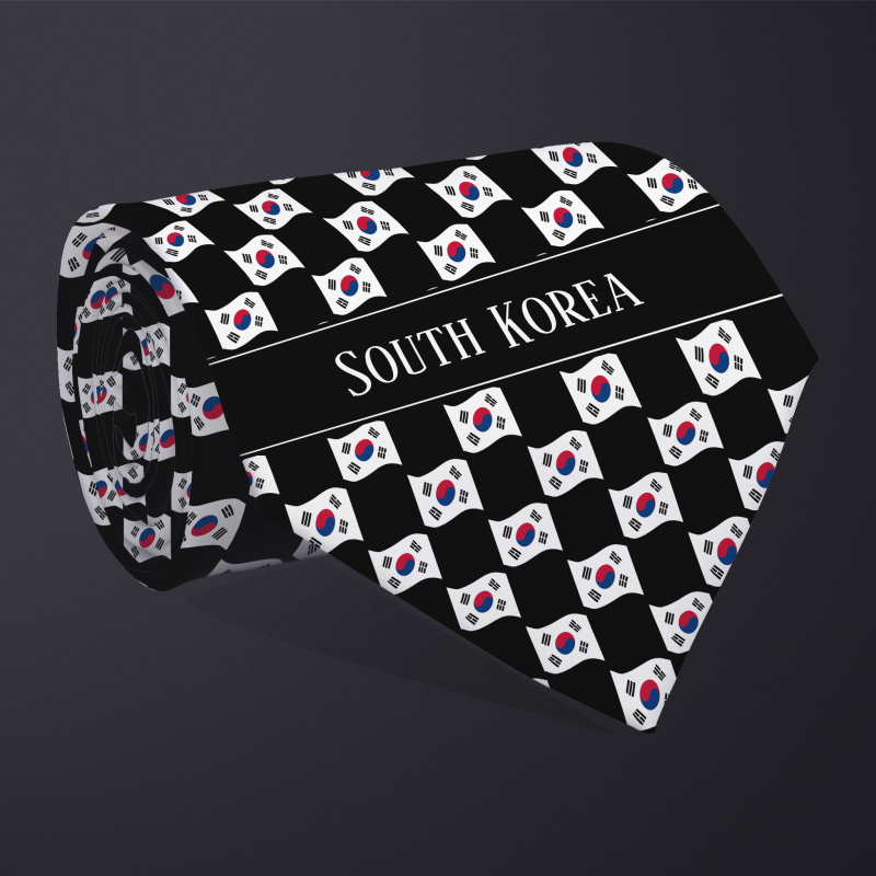 Rolled necktie, with WAVY flag checkerboard design, personalized with text: South Korea