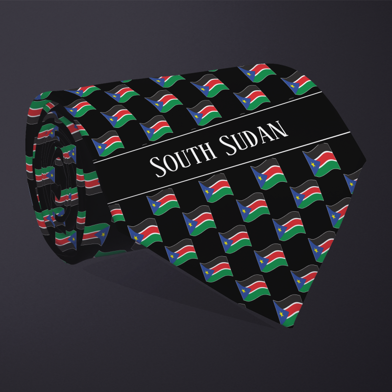 Rolled necktie, with WAVY flag checkerboard design, personalized with text: South Sudan