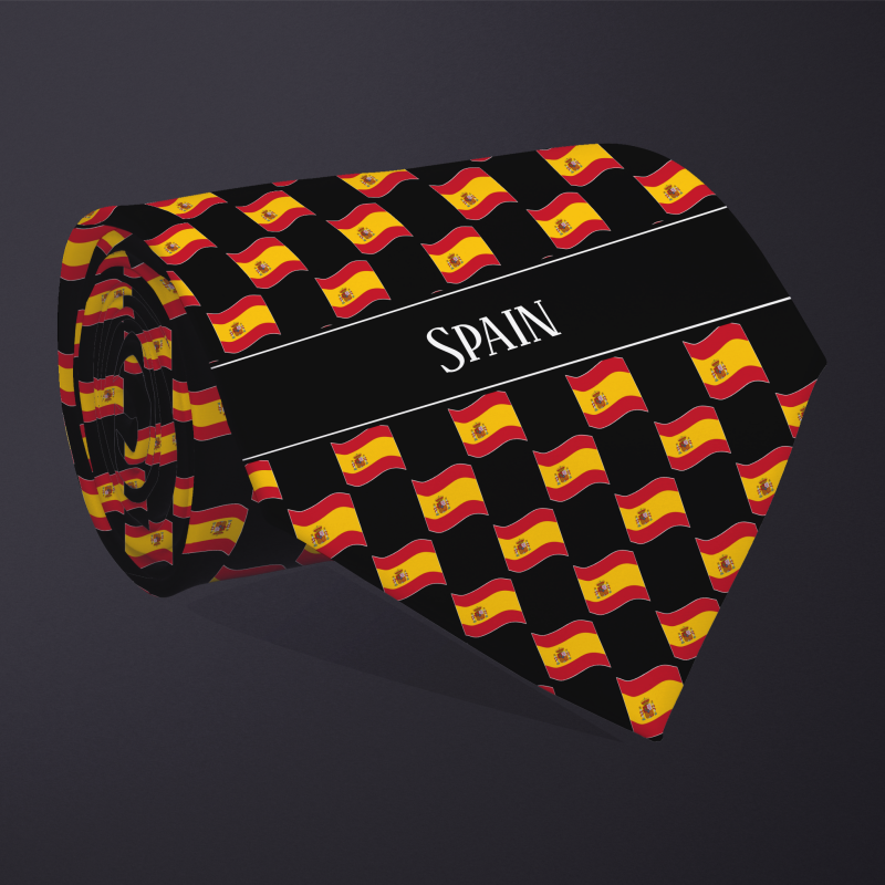 Rolled necktie, with WAVY flag checkerboard design, personalized with text: Spain