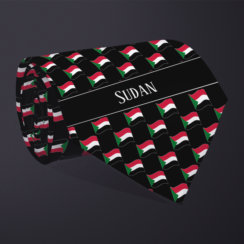 Rolled necktie, with WAVY flag checkerboard design, personalized with text: Sudan