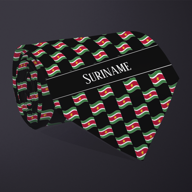 Rolled necktie, with WAVY flag checkerboard design, personalized with text: Suriname