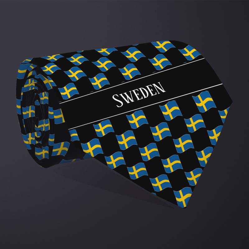 Rolled necktie, with WAVY flag checkerboard design, personalized with text: Sweden