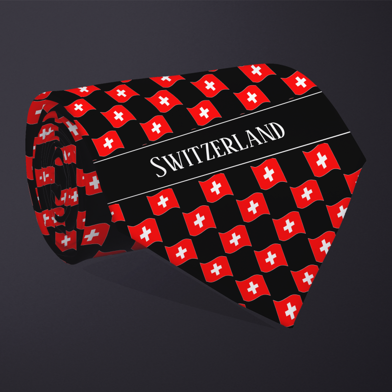 Rolled necktie, with WAVY flag checkerboard design, personalized with text: Switzerland