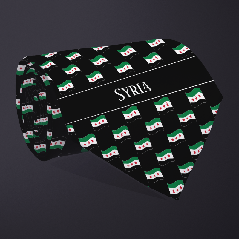 Rolled necktie, with WAVY flag checkerboard design, personalized with text: Syria