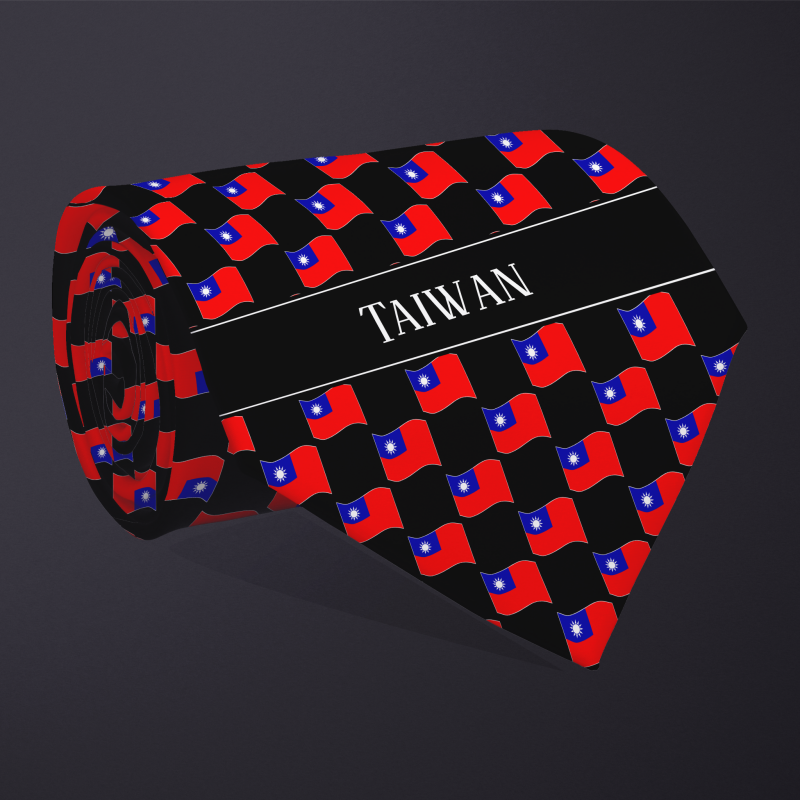 Rolled necktie, with WAVY flag checkerboard design, personalized with text: Taiwan