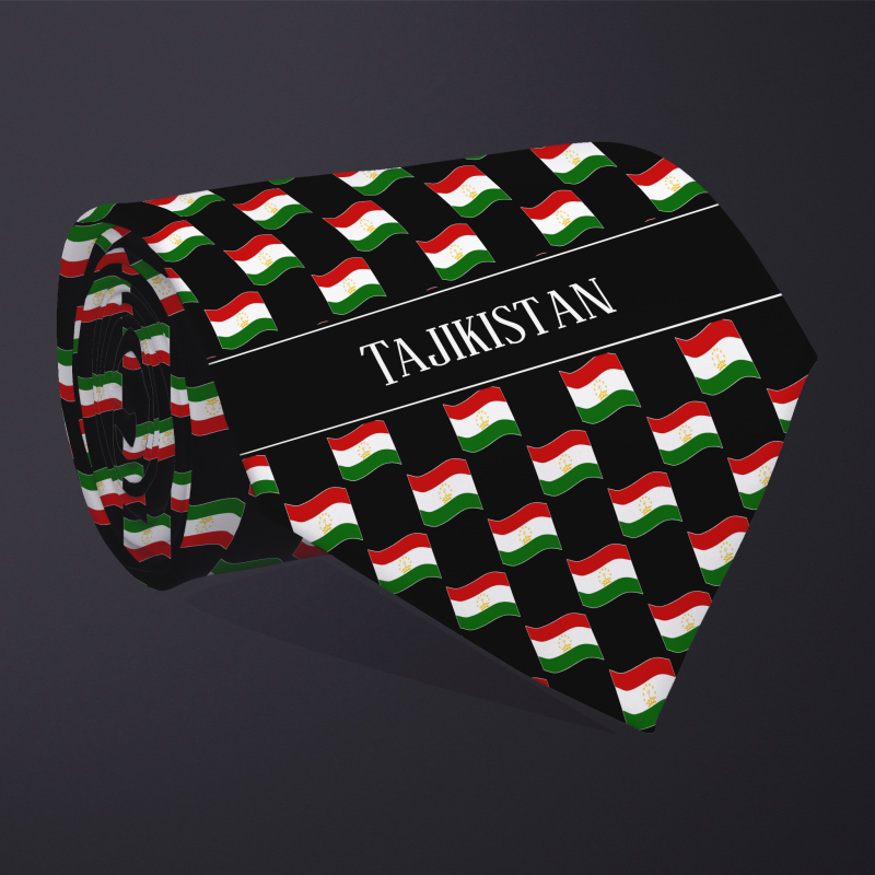 Rolled necktie, with WAVY flag checkerboard design, personalized with text: Tajikistan