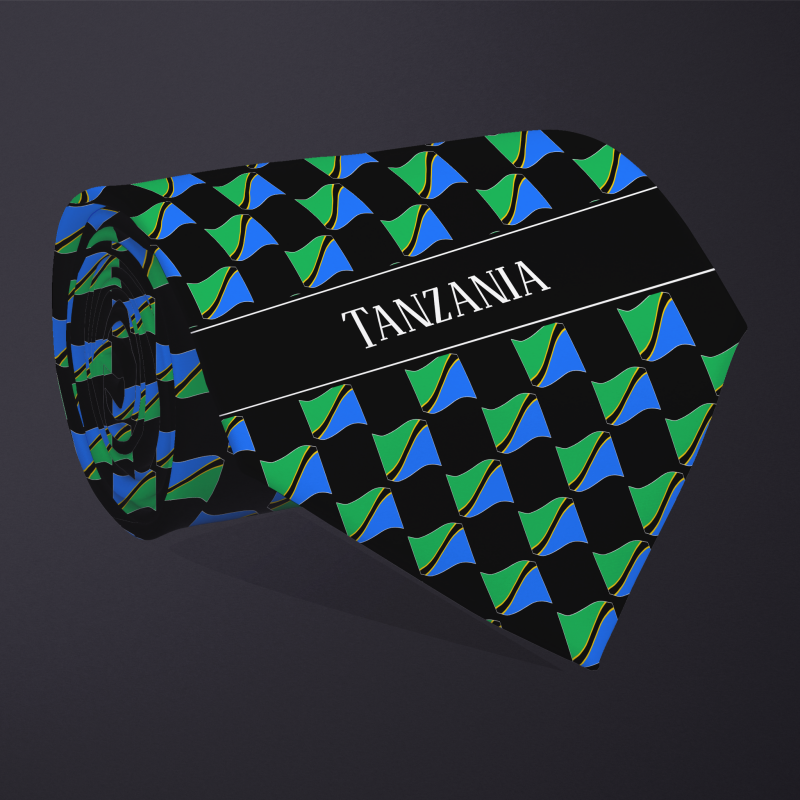 Rolled necktie, with WAVY flag checkerboard design, personalized with text: Tanzania