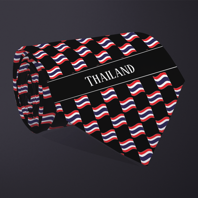 Rolled necktie, with WAVY flag checkerboard design, personalized with text: Thailand