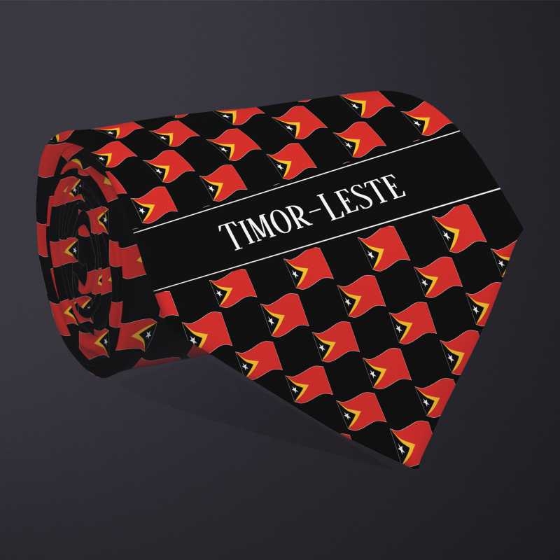 : Rolled necktie, with WAVY flag checkerboard design, personalized with text: Timor-Leste