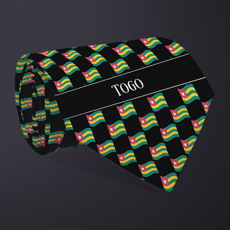 Rolled necktie, with WAVY flag checkerboard design, personalized with text: Togo