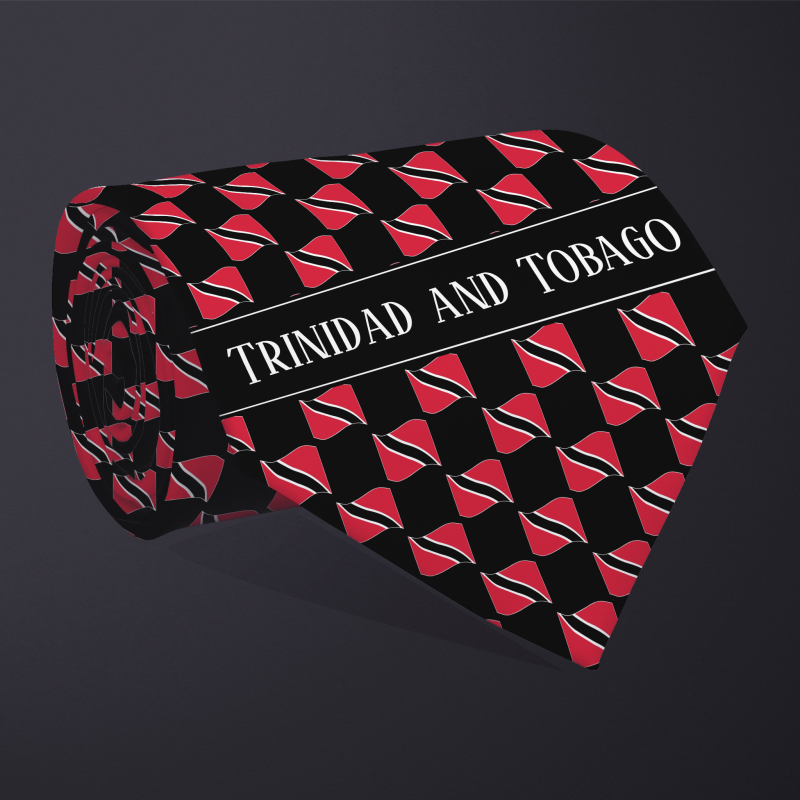 Rolled necktie, with WAVY flag checkerboard design, personalized with text: Trinidad and Tobago
