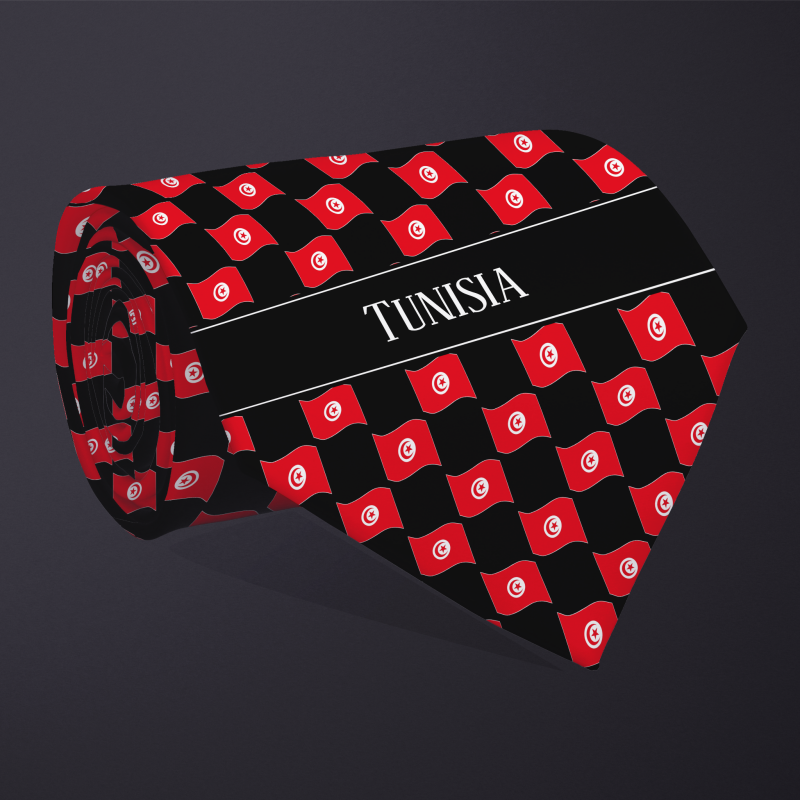 Rolled necktie, with WAVY flag checkerboard design, personalized with text: Tunisia