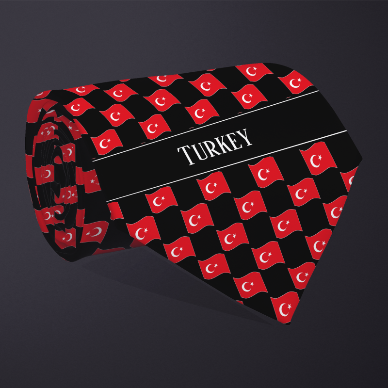 Rolled necktie, with WAVY flag checkerboard design, personalized with text: Turkey