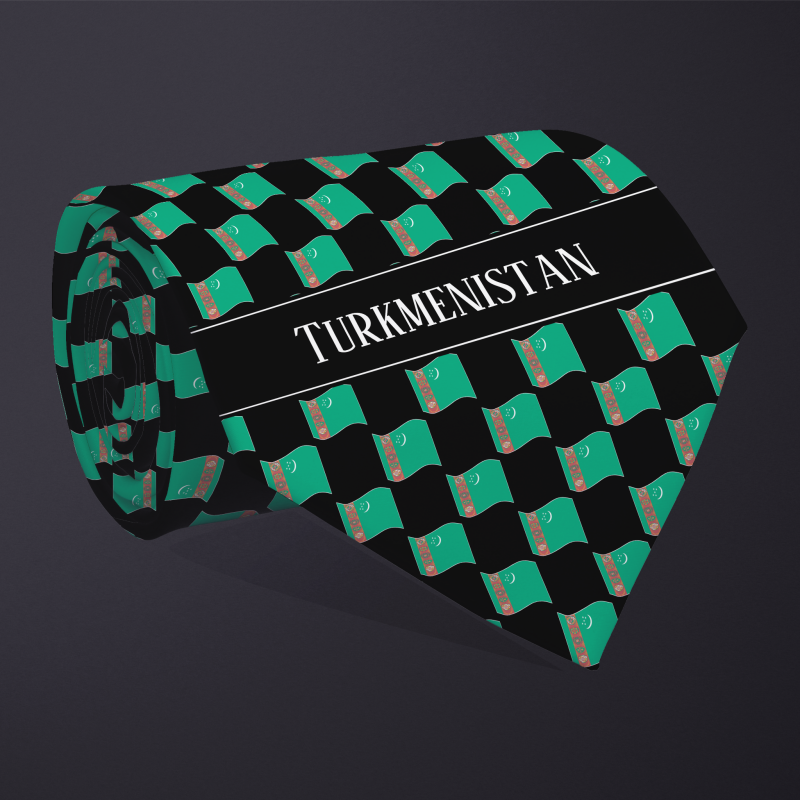 Rolled necktie, with WAVY flag checkerboard design, personalized with text: Turkmenistan