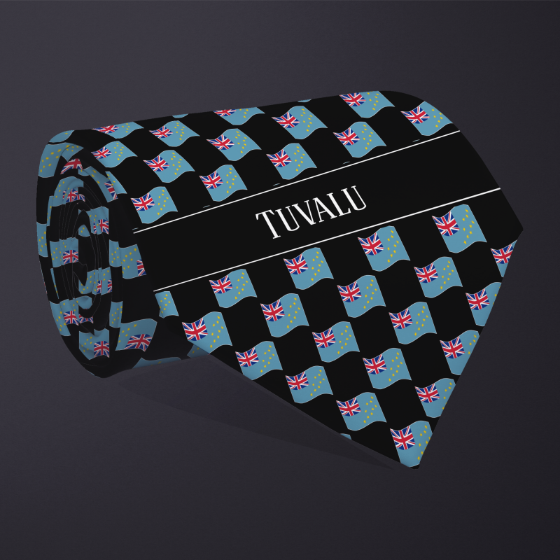 Rolled necktie, with WAVY flag checkerboard design, personalized with text: Tuvalu