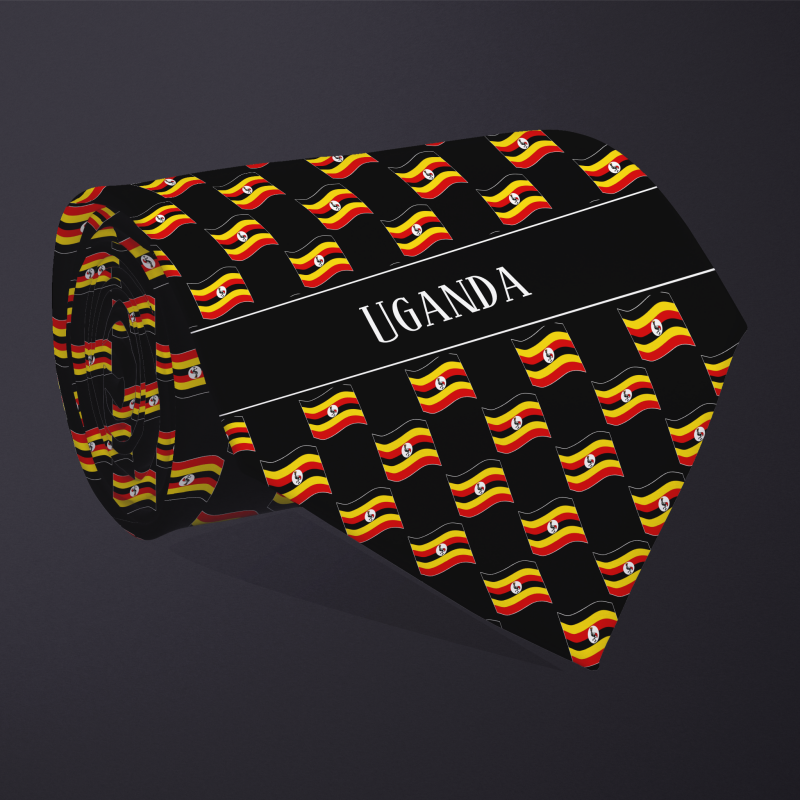 Rolled necktie, with WAVY flag checkerboard design, personalized with text: Uganda