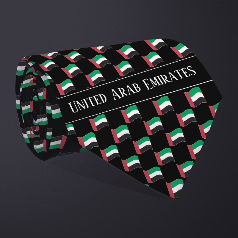 Rolled necktie, with WAVY flag checkerboard design, personalized with text: United Arab Emirates