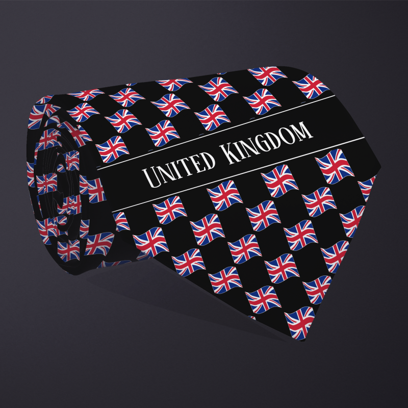 Rolled necktie, with WAVY flag checkerboard design, personalized with text: United Kingdom