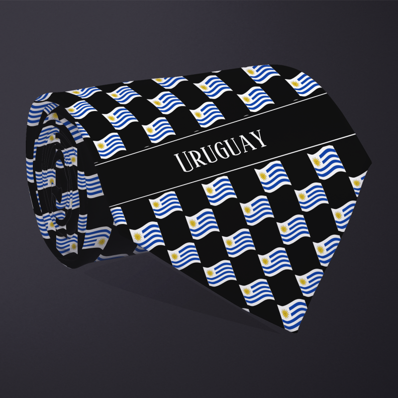Rolled necktie, with WAVY flag checkerboard design, personalized with text: Uruguay
