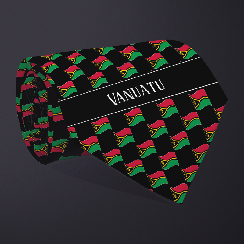 Rolled necktie, with WAVY flag checkerboard design, personalized with text: Vanuatu