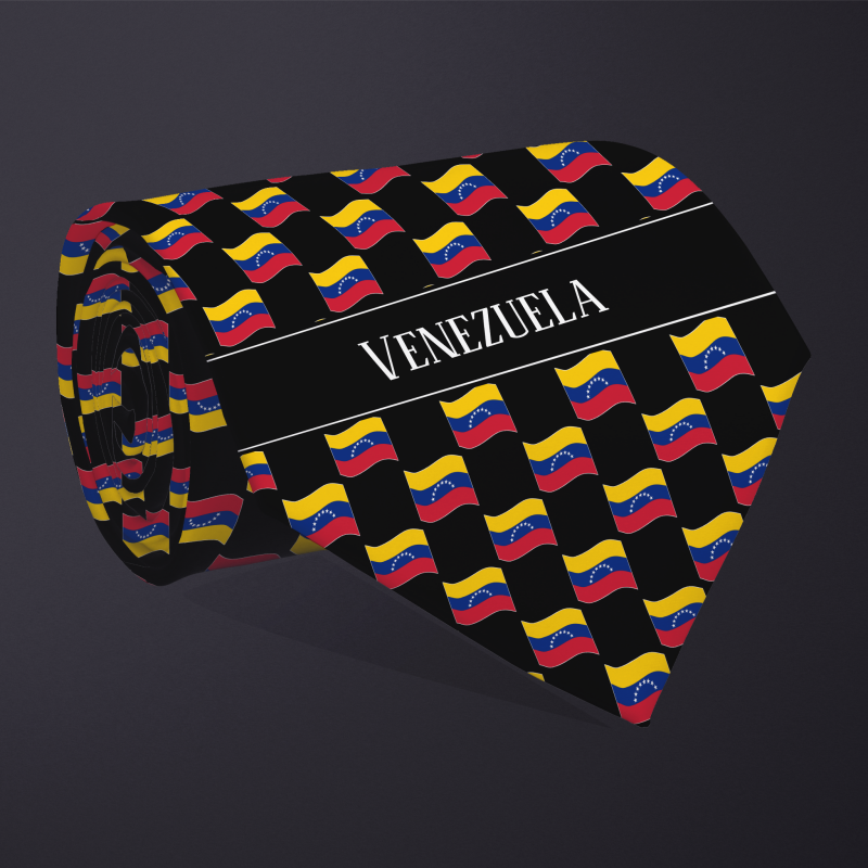 Rolled necktie, with WAVY flag checkerboard design, personalized with text: Venezuela