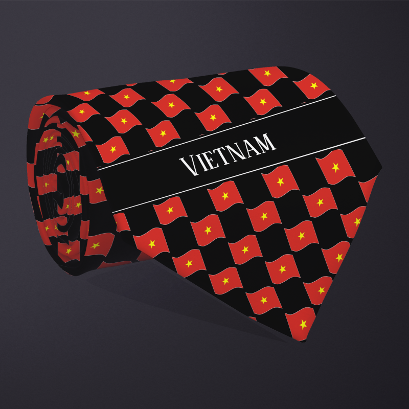 Rolled necktie, with WAVY flag checkerboard design, personalized with text: Vietnam